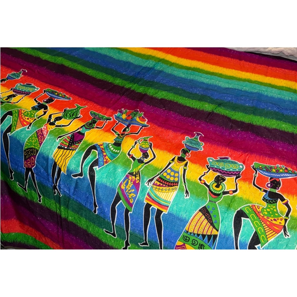 African Rainbow Striped Tapestry Wall Hanging Women Carrying Basket Fringe 44x68